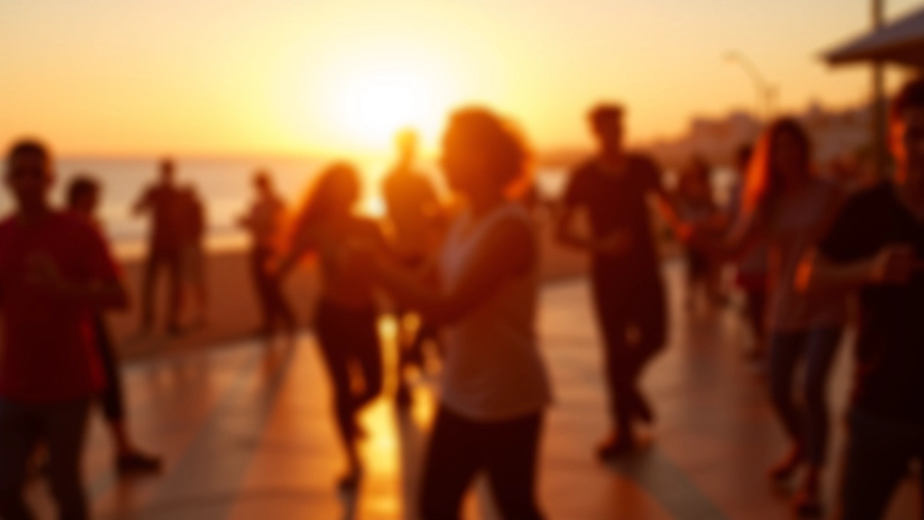 Group of dancers enjoying a beachside salsa social event in Cascais during sunset with Atlantic Ocean in background