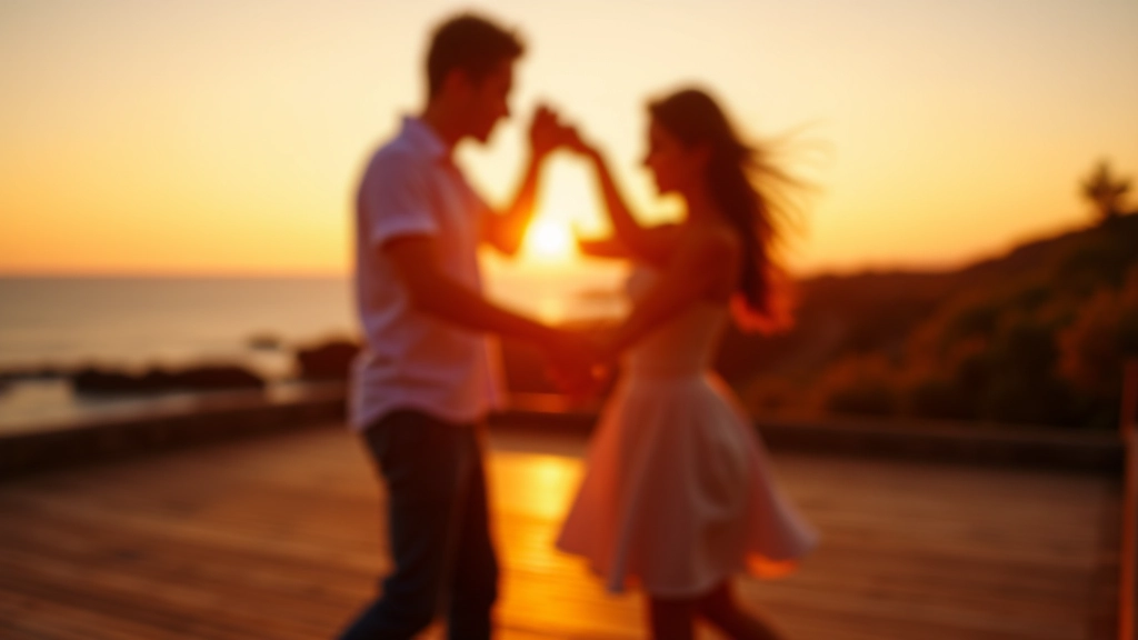 Couple dancing salsa on a beachside wooden dance floor at dusk with ocean horizon and warm evening light