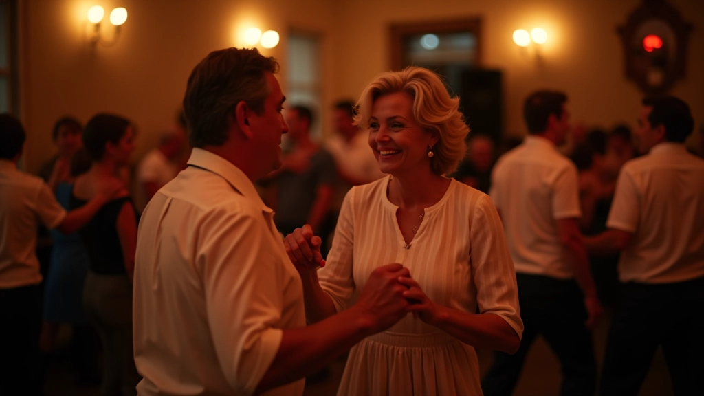 Covilhã community dance event with mature adults in traditional Portuguese themed attire dancing together in warm lighting