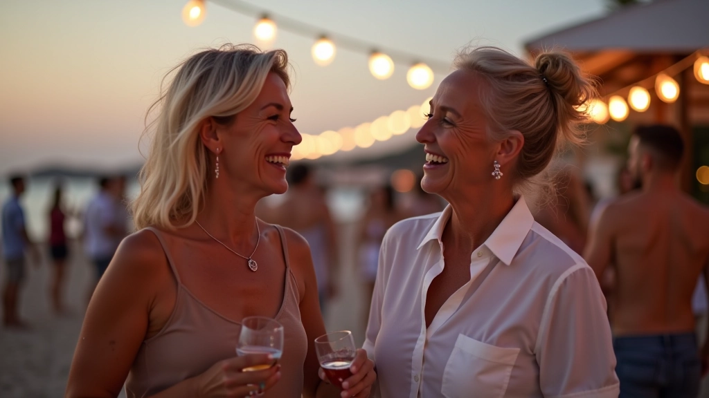 Group of mature dancers socializing and laughing together at a beach venue during evening with string lights above