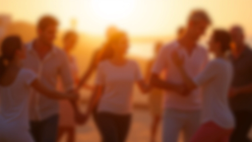 Group of mature dancers enjoying outdoor beachside dance gathering in Cascais with golden sunset lighting