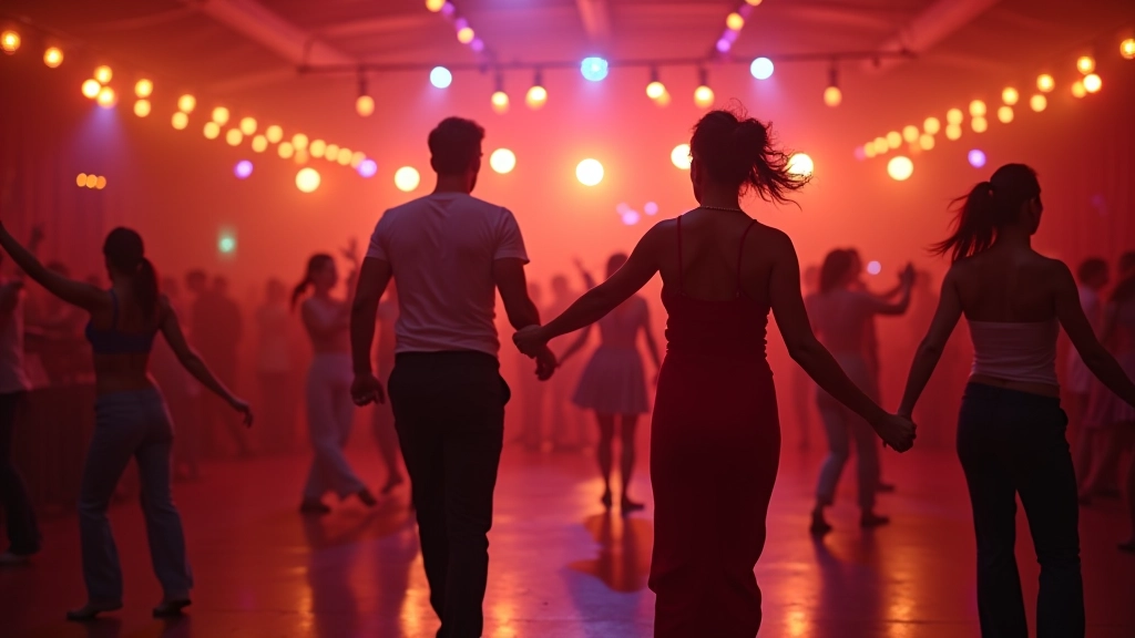 Themed dance evening with mature dancers dressed in vibrant colors at a Portuguese dance studio