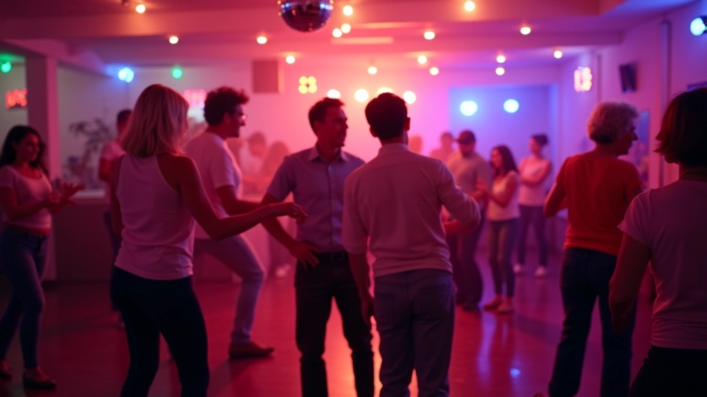 Lisbon dance studio with mature dancers enjoying themed retro disco night with colorful lighting and decorations
