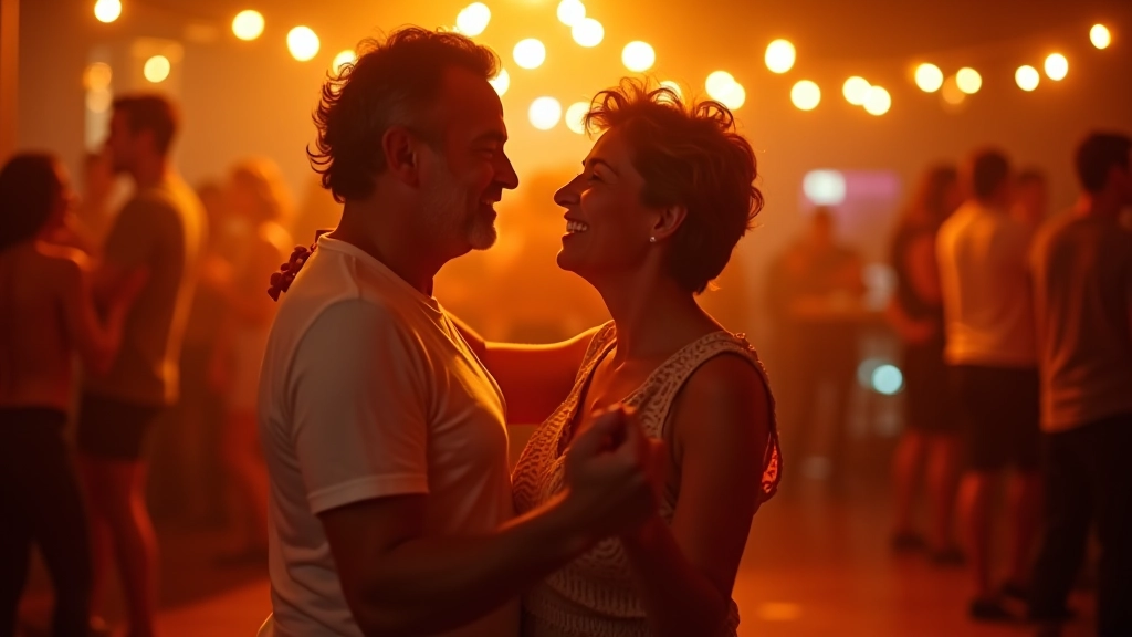 Mature dancers enjoying a social dance evening in Portugal with warm ambient lighting and wooden dance floor