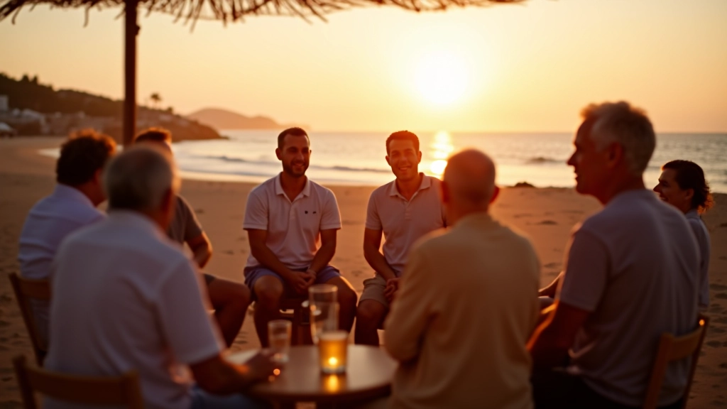 Diverse group of mature dancers holding hands in a circle at a beachside dance venue in Portugal at sunset