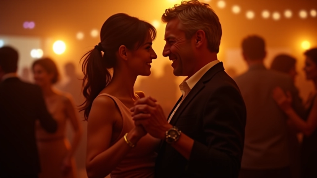 Couples dancing kizomba together at a social evening in a Portuguese dance hall with warm lighting