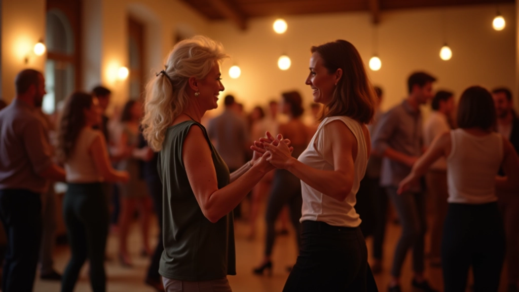 Mature dancers in casual attire enjoying a social dance event in a Portuguese warehouse venue, warm lighting and relaxed atmosphere
