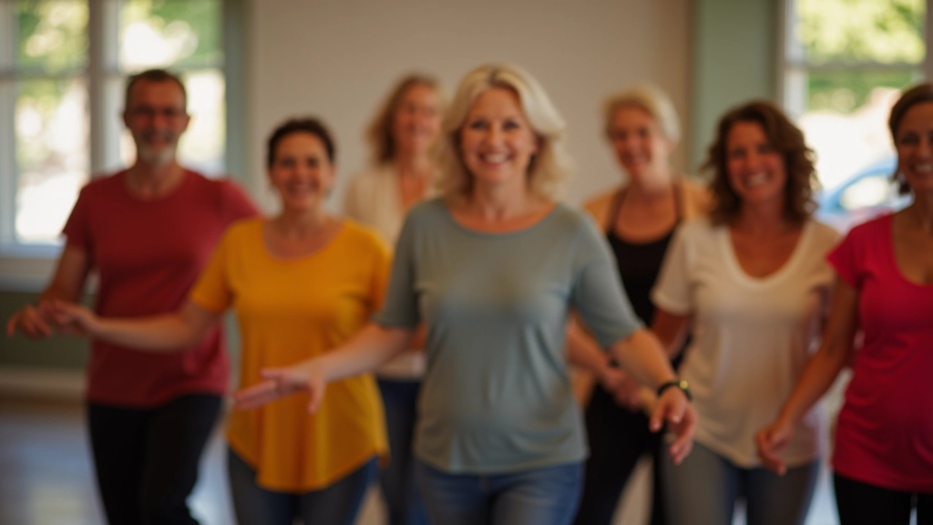 Group of mature dancers in casual clothing at a Portuguese dance studio, smiling and ready for a social dance session