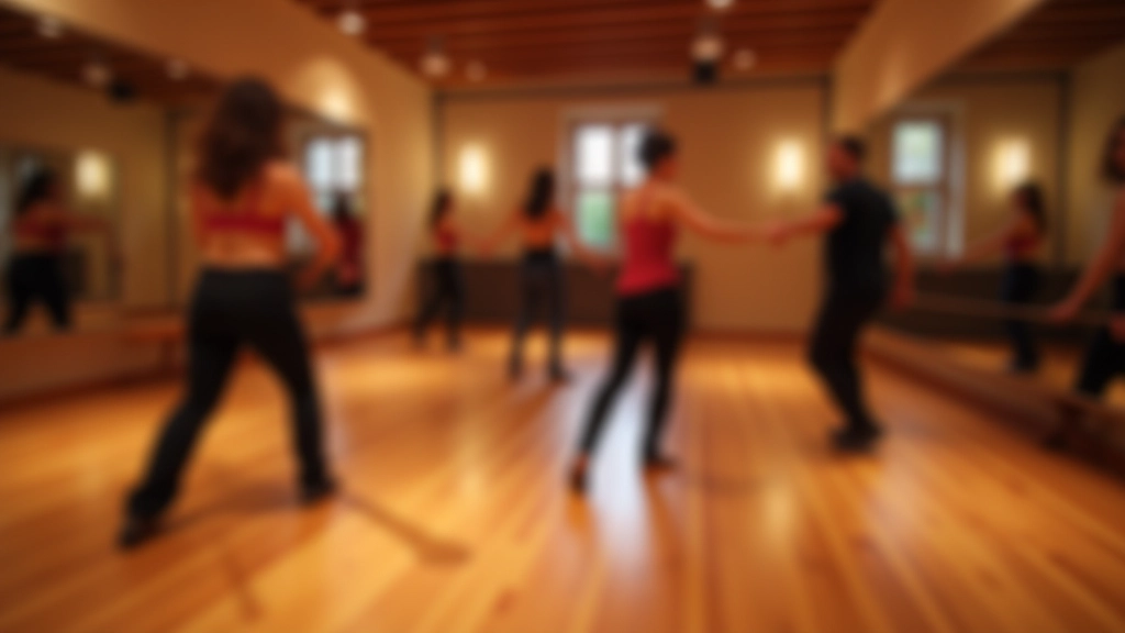Dance studio with polished wooden floor and mirrors, showing proper kizomba dance space with warm ambient lighting and dancers in background