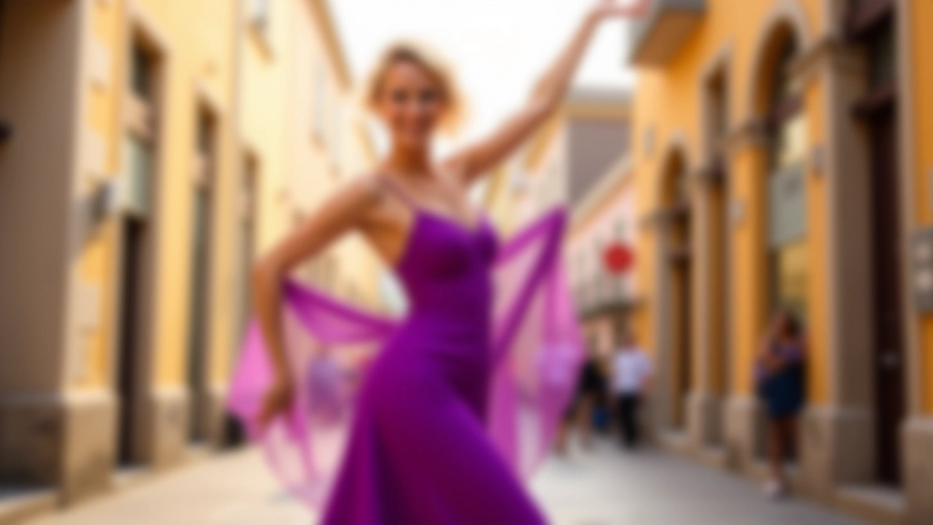 Mature woman dancer in vibrant purple dress performing elegantly in a Portuguese coastal town